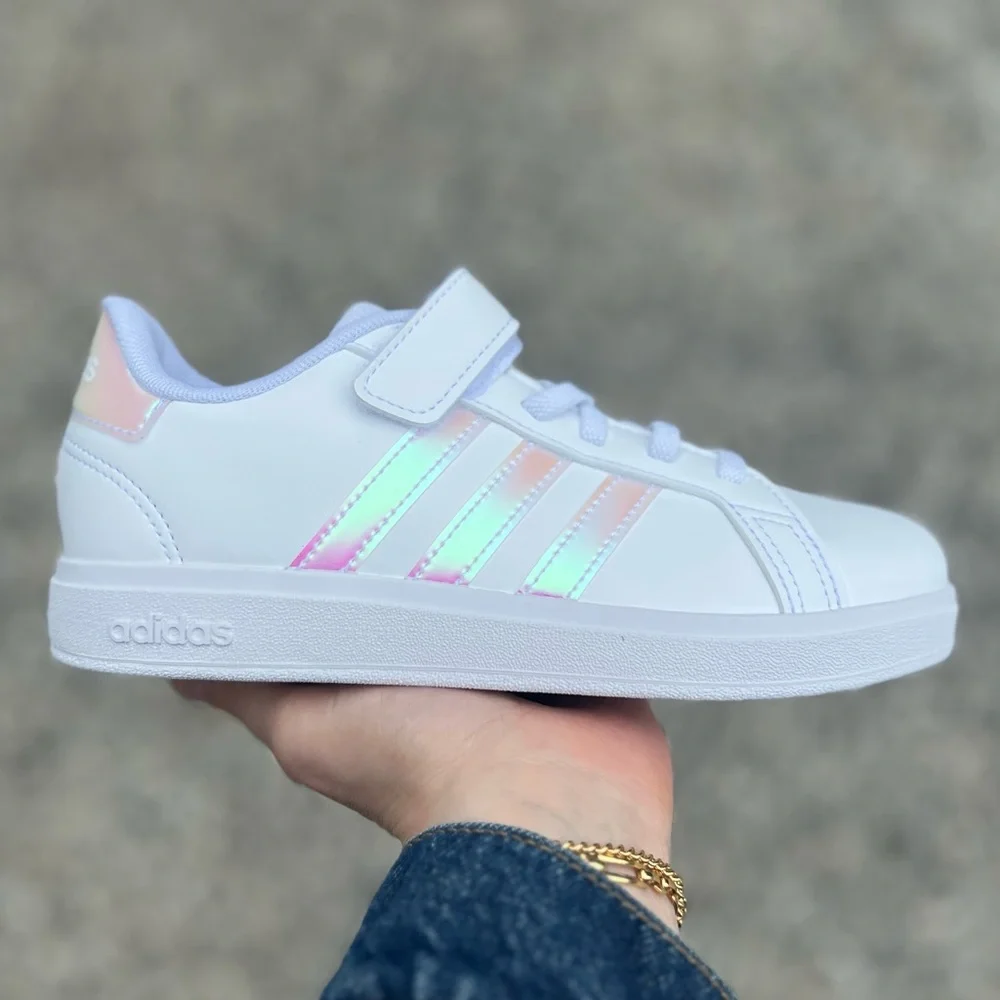 851 | Adidas Grand Court Kids Girls White Sneakers with Iridescent Stripes - Picture 3 of 10